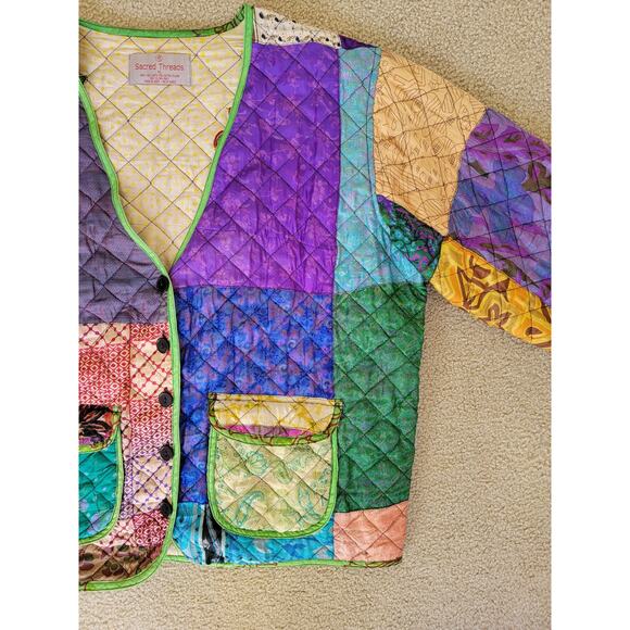Sacred Threads Silk Quilted Patchwork Artsy Cottage Granola Girl Jacket Size XL - Picture 2 of 7